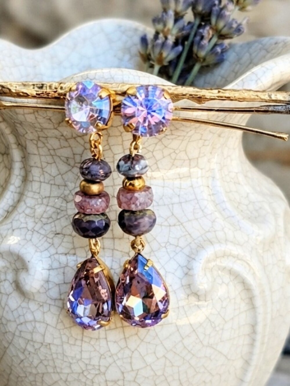 Swarovski Purple Tanzanite Sparkles AB In Gold Plated Beaded Earrings